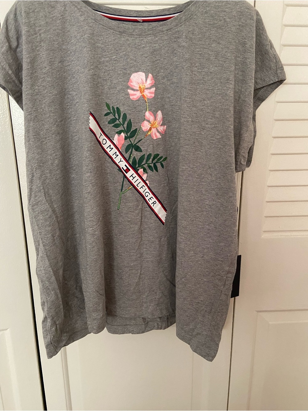 Tommy Hilfiger Gray Tee with Pink Floral & Logo Ribbon